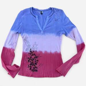Y2K Women's Blue and Pink Embroidered Top
